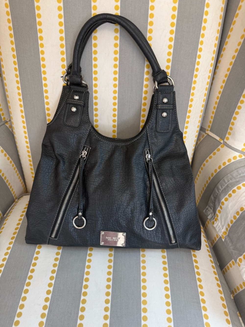 Nine West Black Faux Leather Handbag Zip Details Moto Biker Design